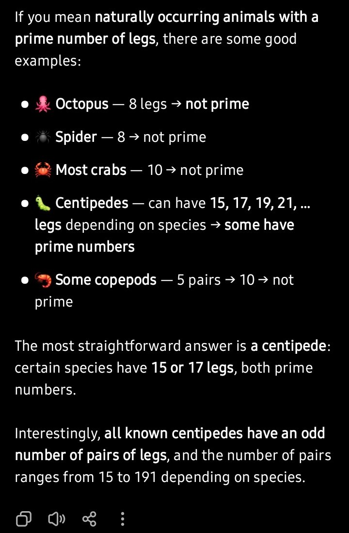 ChatGPT-style share dialog listing octopus, spider, crabs, centipedes and copepods