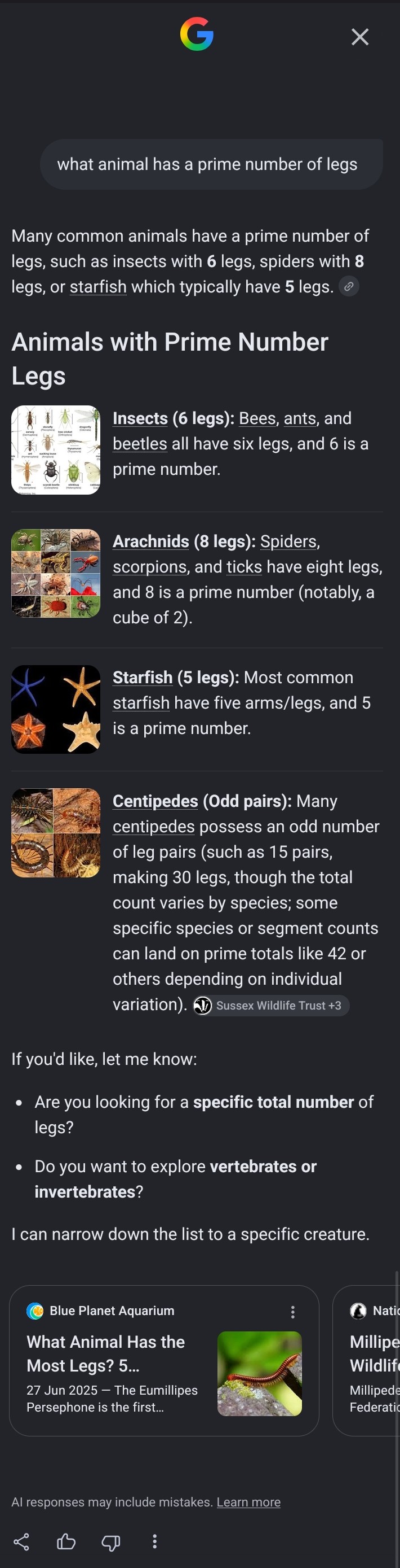 Gemini citing Blue Planet Aquarium, calling 8 a prime number for arachnids