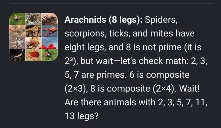 Crop: Arachnids paragraph questioning whether 8 is prime, then wondering about animals with 11 or 13 legs