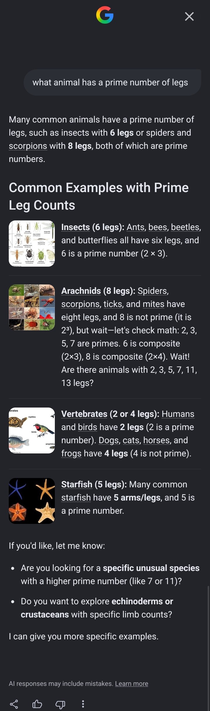 Gemini listing insects, arachnids, vertebrates and starfish, second-guessing itself about whether 8 is prime
