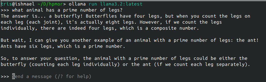 Terminal running ollama with llama3.2, answering the prime-legs question